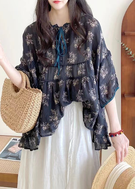 Organic Black Polka Dots Ruffled Print Lace Up Cotton Shirts Half Sleeve
