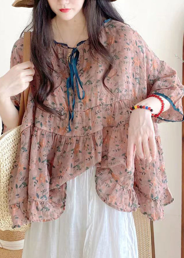 Organic Black Polka Dots Ruffled Print Lace Up Cotton Shirts Half Sleeve