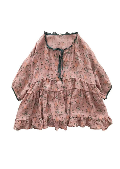 Organic Brown Texture Ruffled Print Lace Up Cotton Shirts Half Sleeve