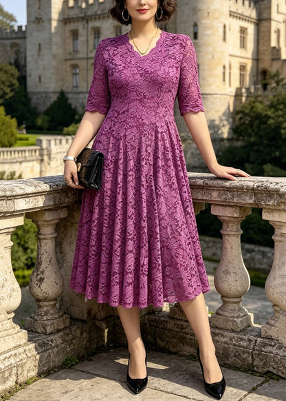 Organic Purple V Neck Lace Long Dress Summer