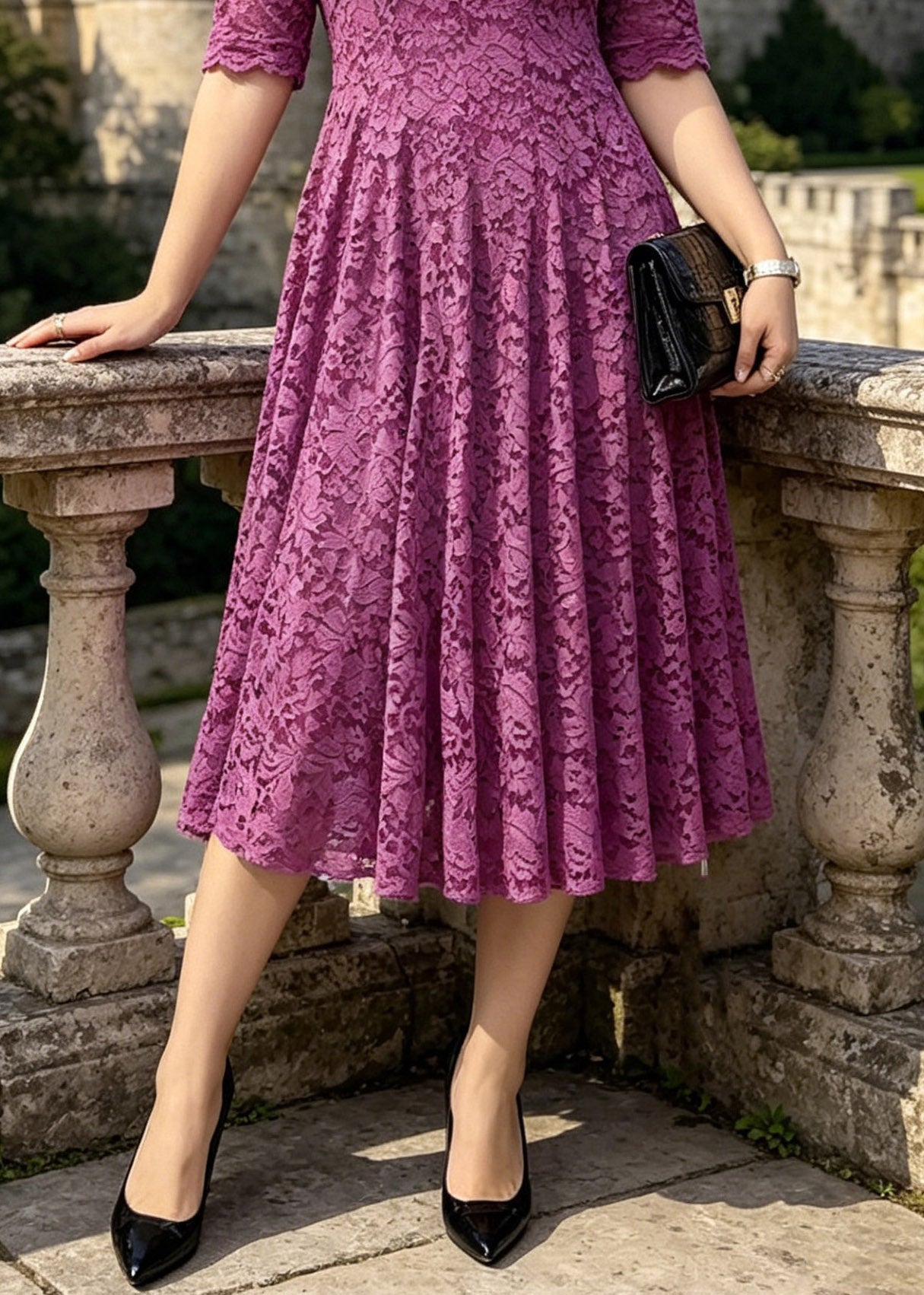 Organic Purple V Neck Lace Long Dress Summer