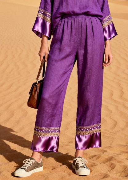 Organic Purple V Neck Patchwork Silk Cotton Two Piece Set Spring