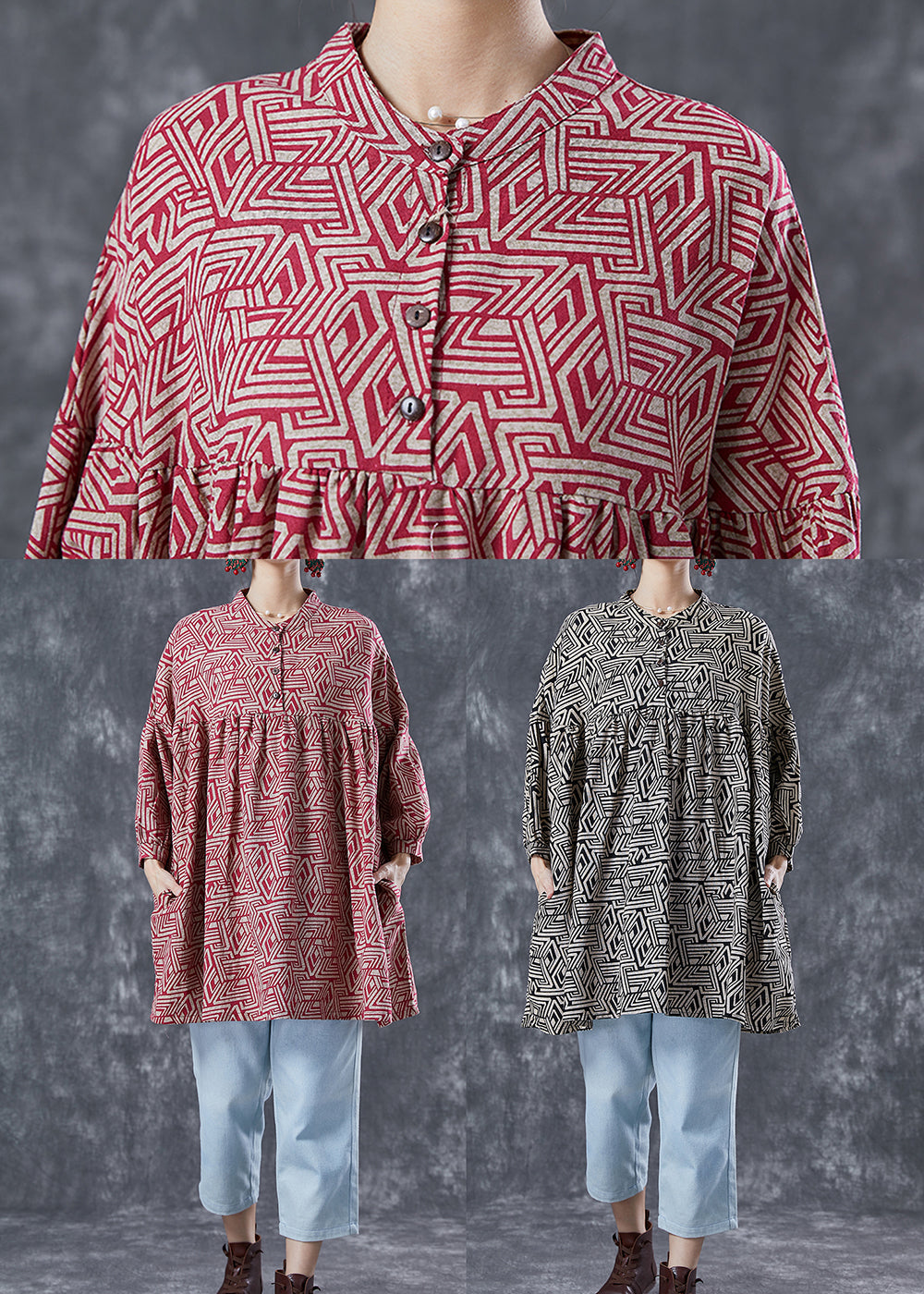 Organic Red Oversized Print Cotton a Line Dress Summer