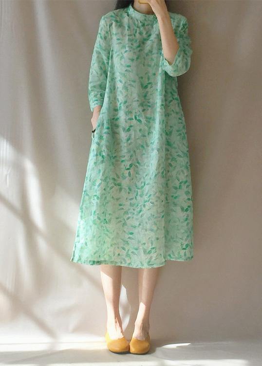 Organic Stand Collar Pockets Tunics Work Outfits Green Leaves Robe Dress