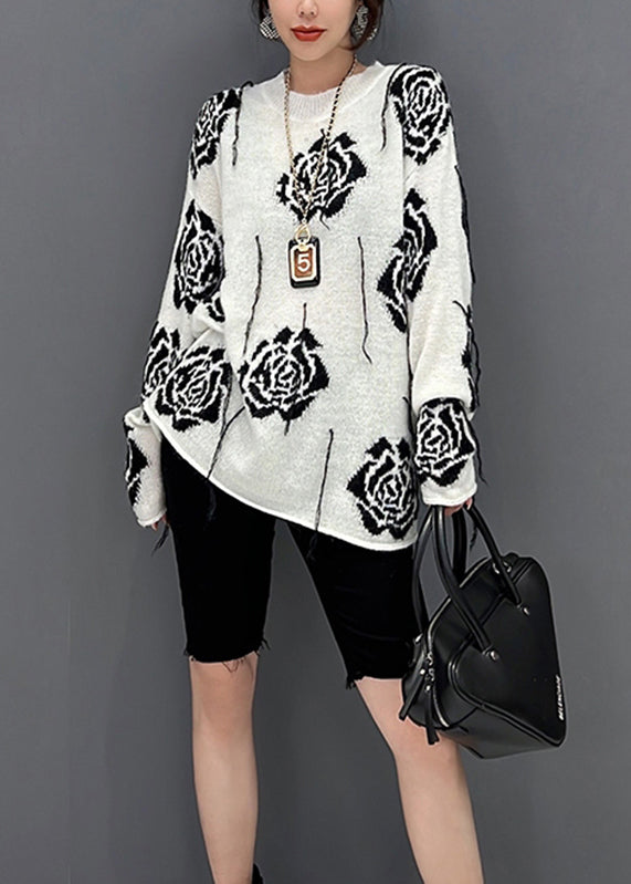 Organic White O-neck Print Knit Sweater Fall