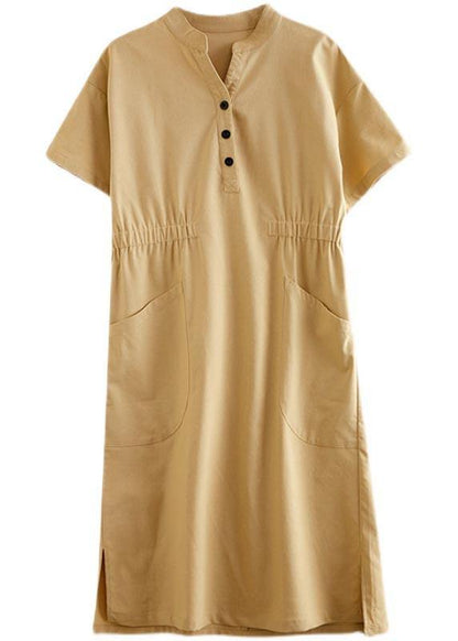 Organic Yellow Cinched Pockets Summer Cotton Dress