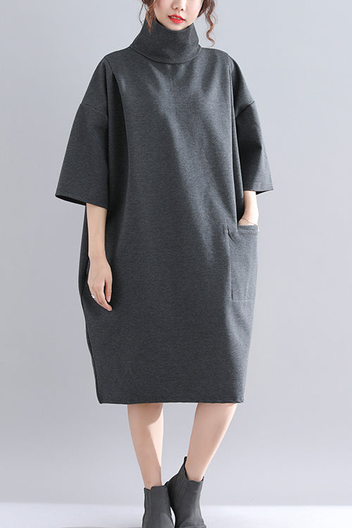 Organic Dark Gray Knit Dress Sweets Design High Neck Half Sleeve Baggy Spring Dress