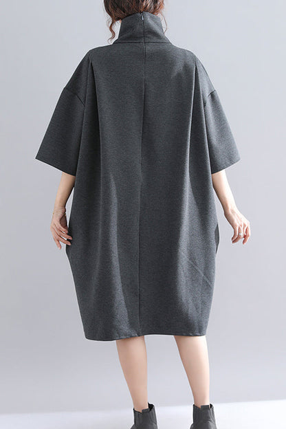 Organic Dark Gray Knit Dress Sweets Design High Neck Half Sleeve Baggy Spring Dress