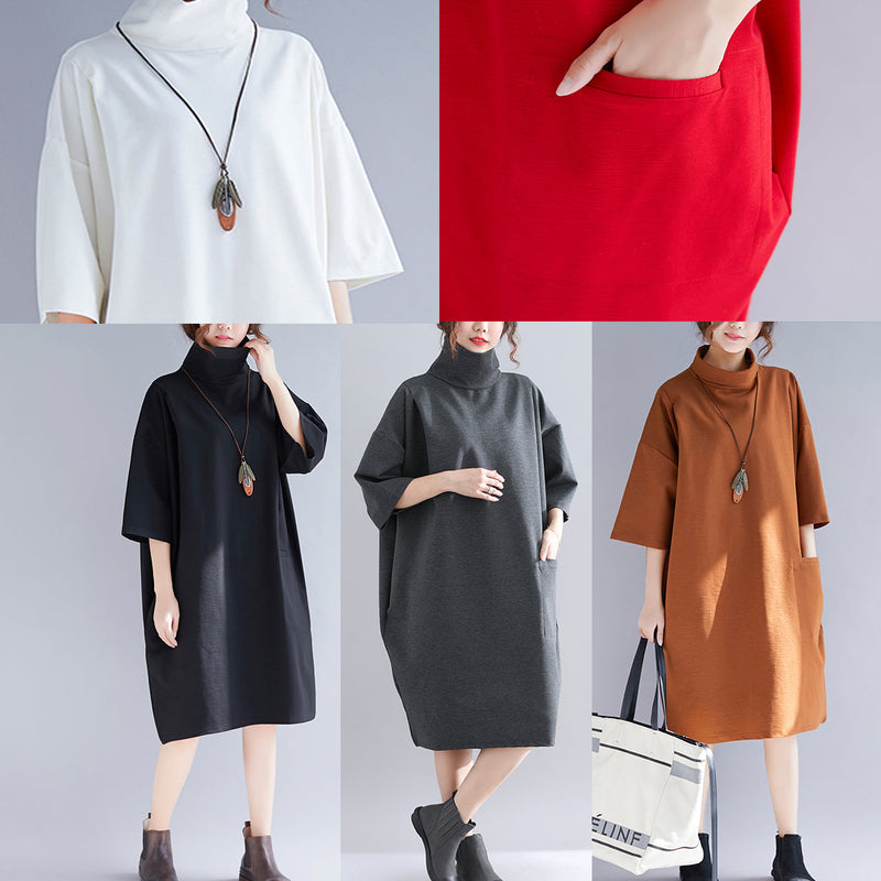 Organic Dark Gray Knit Dress Sweets Design High Neck Half Sleeve Baggy Spring Dress