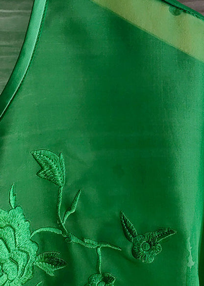 Organza Green O-neck Embroideried Low High Design Silk Mid Dress Long Sleeve