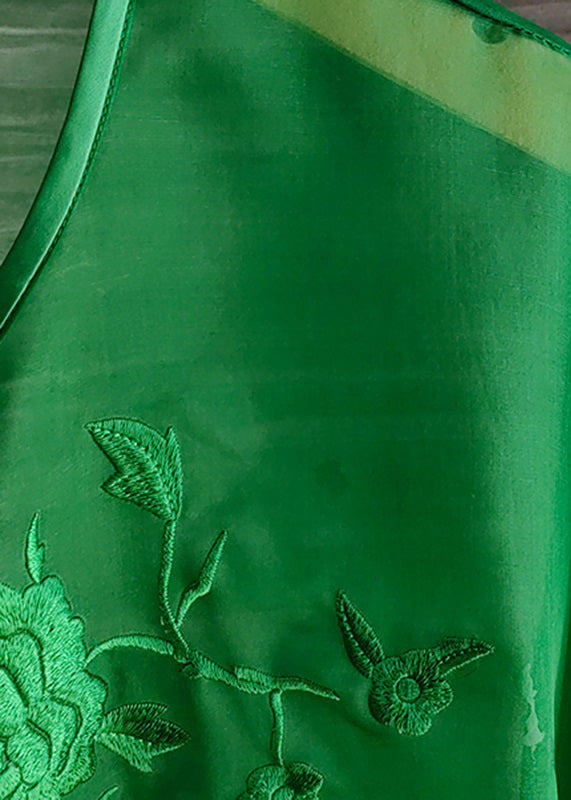 Organza Green O-neck Embroideried Low High Design Silk Mid Dress Long Sleeve
