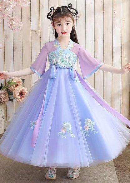 Oriental Purple Embroideried Tie Waist Patchwork Chiffon Kids Dresses Summer