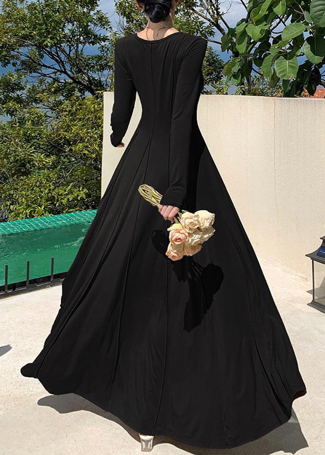 Original Black O-neck Patchwork Knit Cotton Holiday Long Dress Winter