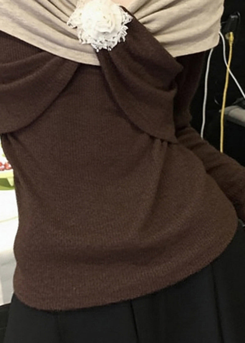 Original Design Brown Patchwork Knit Sweaters Spring