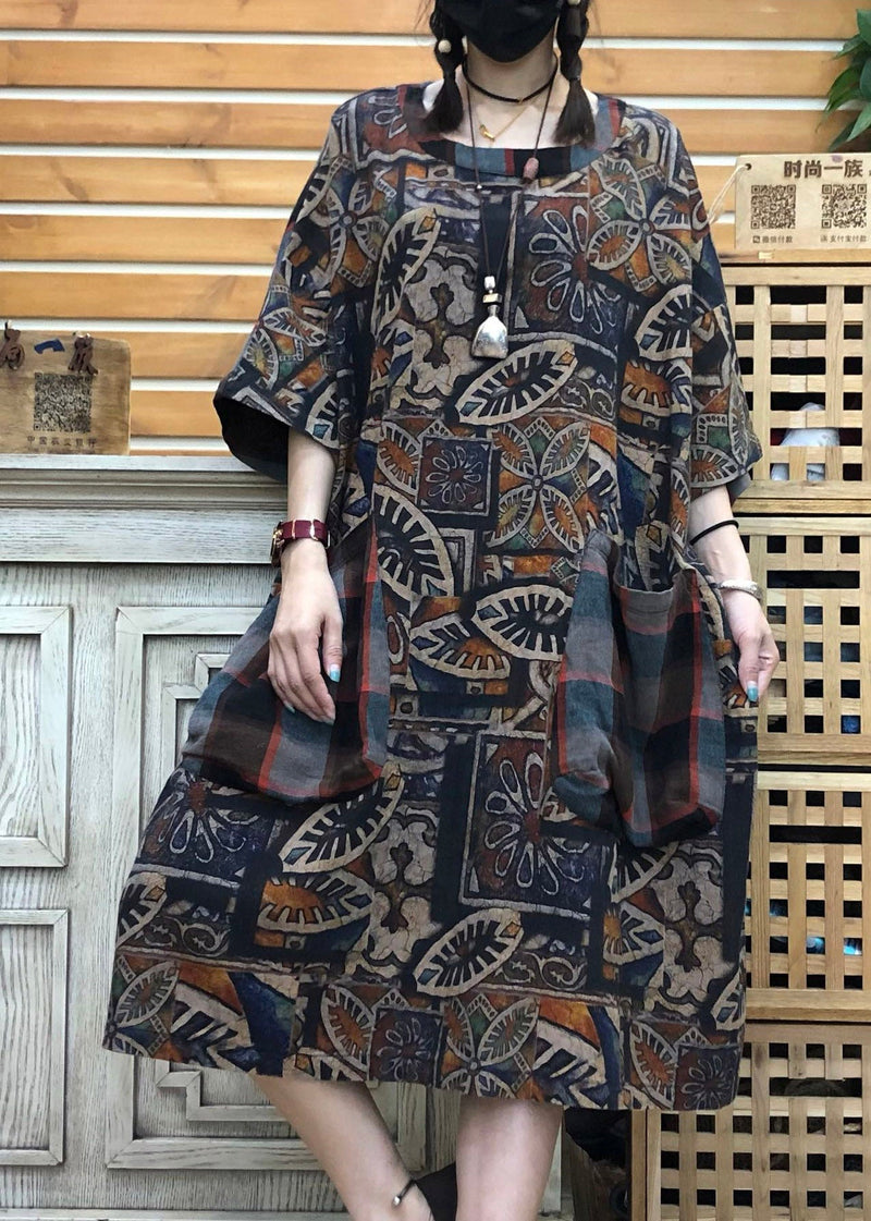 Original Design Chocolate O-neck Print Patchwork Pockets Linen Dress Half Sleeve