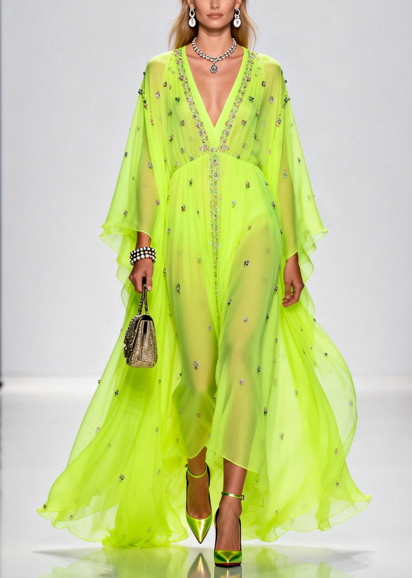 Original Design Fluorescent Green Rhinestone Exra Large Hem Chiffon Party Dresses Summer