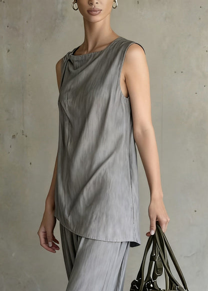 Original Design Grey Tops and Wide Leg Pants Cotton Two Pieces Set Sleeveless