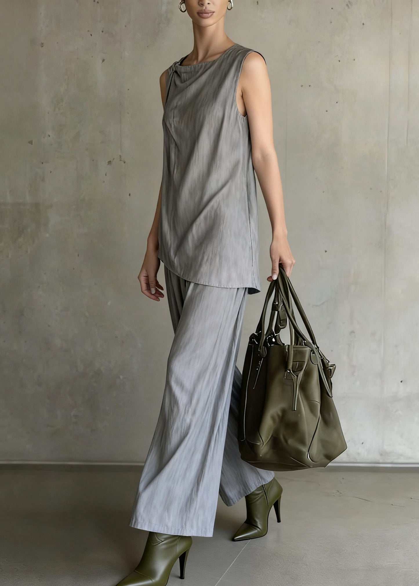 Original Design Grey Tops and Wide Leg Pants Cotton Two Pieces Set Sleeveless