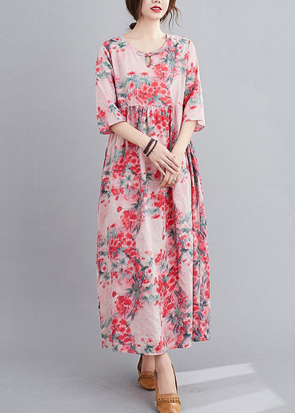 Original Design Red O-neck Print Linen Loose Dress Half Sleeve