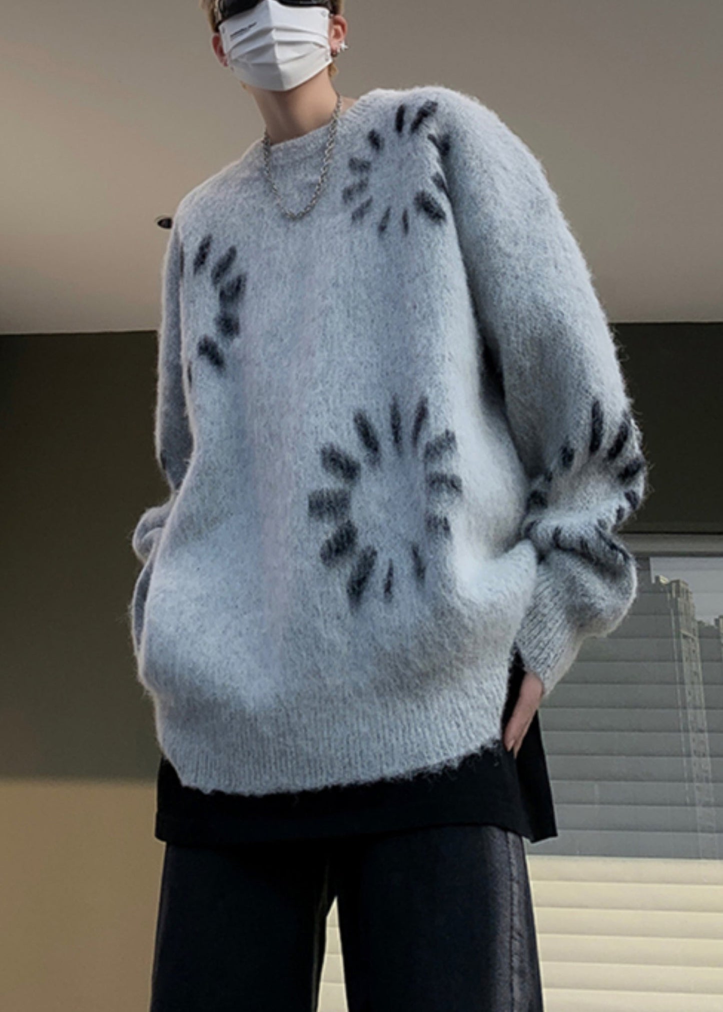 Original Grey O Neck Print Knit Sweaters Winter