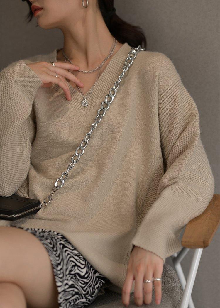 Over Sized Beige Knitted Clothes V Neck Oversized Fall Knit Tops