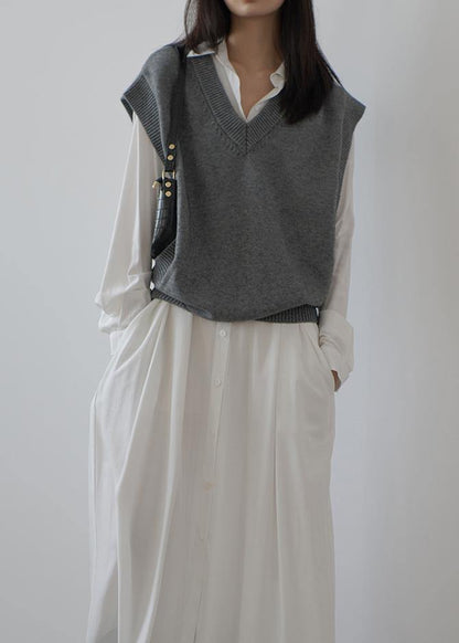Oversized Gray Knit Tops Oversized V Neck Sleeveless Tops