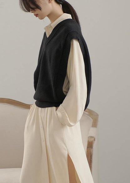 Oversized Gray Knit Tops Oversized V Neck Sleeveless Tops