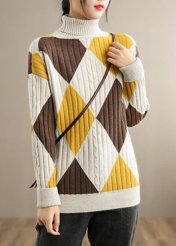 Oversized Beige Yellow Plaid Knitted Clothes High Neck Knitwear