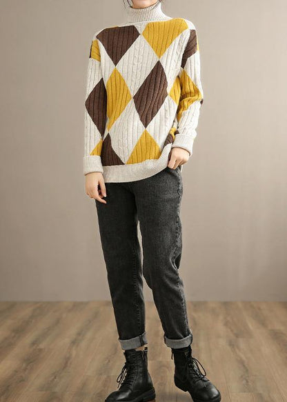 Oversized Beige Yellow Plaid Knitted Clothes High Neck Knitwear