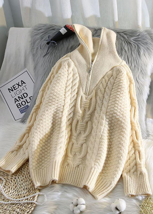 Oversized Beige Knitted Pullover High Neck Zippered Fall Knit Sweat Tops