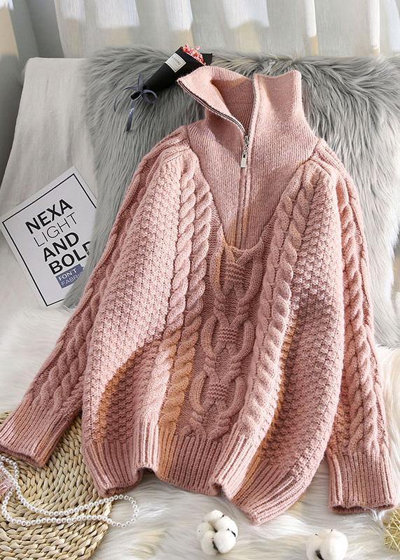 Oversized Beige Knitted Pullover High Neck Zippered Fall Knit Sweat Tops