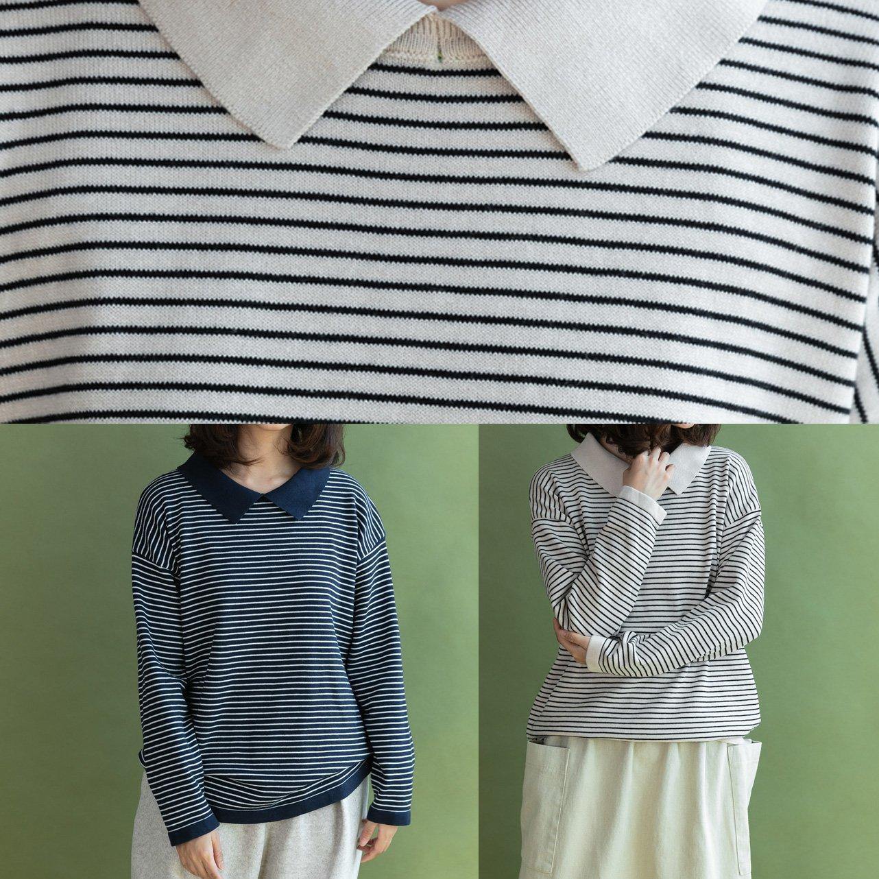 Oversized Beige Striped Knitted Blouse Clothing Lapel Collar Knit Blouse
