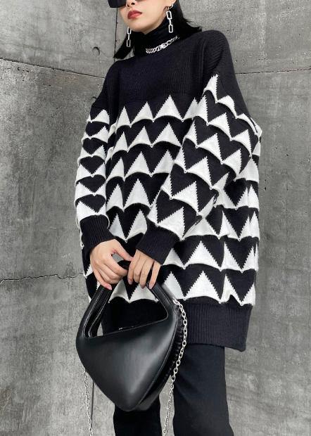 Oversized Black Geometric Knit Top Silhouette O Neck Sweaters