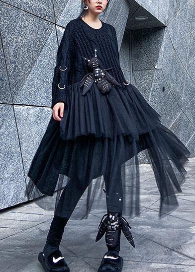Oversized Black Sweater O Neck Three-dimensional Decoration Big Spring Sweater Dresses