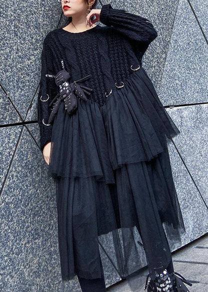 Oversized Black Sweater O Neck Three-dimensional Decoration Big Spring Sweater Dresses