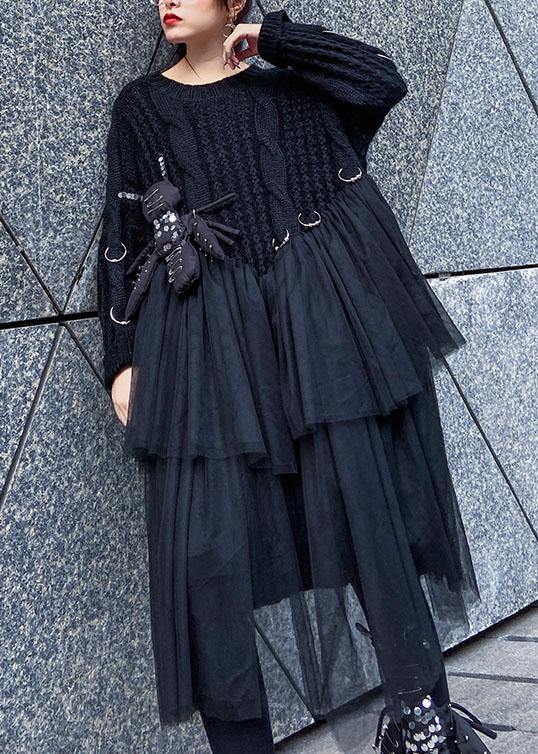 Oversized Black Sweater O Neck Three-dimensional Decoration Big Spring Sweater Dresses