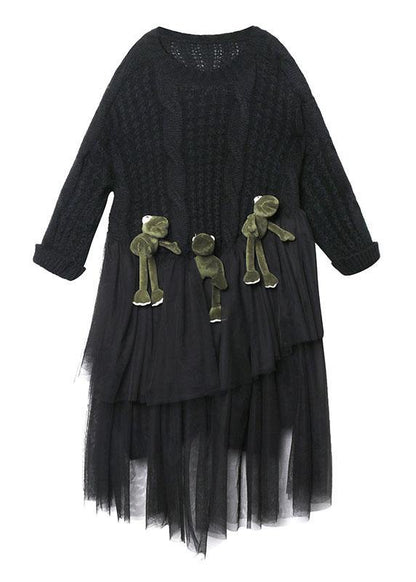 Oversized Black Sweater O Neck Three-dimensional Decoration Big Spring Sweater Dresses