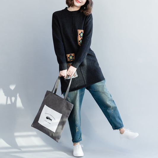 Oversized Black Sweater Outfit Funny O Neck Knitted Tops