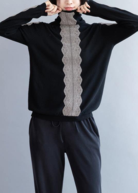 Oversized Black Knit Sweat Tops Fall High Neck Knitted T Shirt
