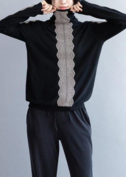 Oversized Black Knit Sweat Tops Fall High Neck Knitted T Shirt