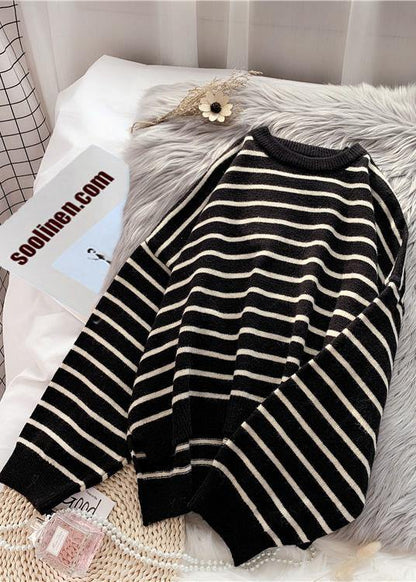 Oversized Black Striped Knitted Blouse Clothing O Neck Low High Design Knit Tops