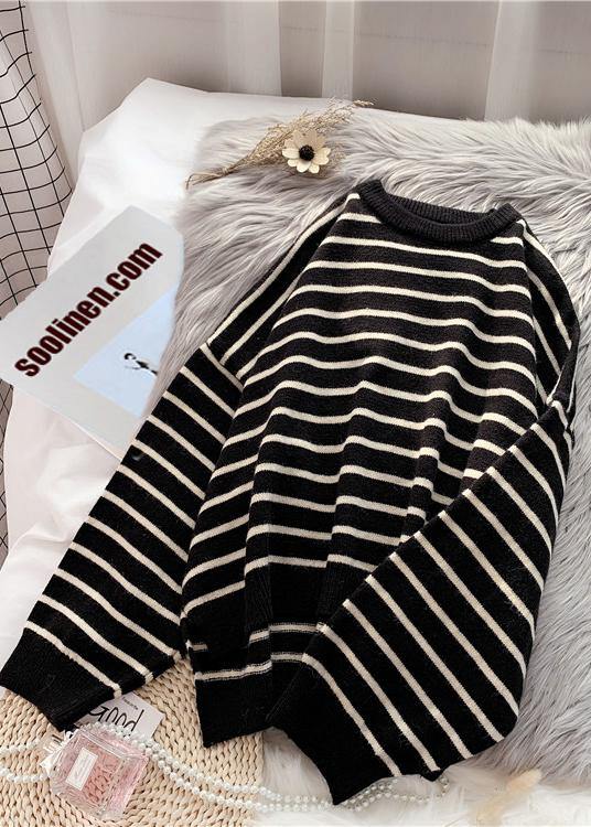 Oversized Black Striped Knitted Blouse Clothing O Neck Low High Design Knit Tops