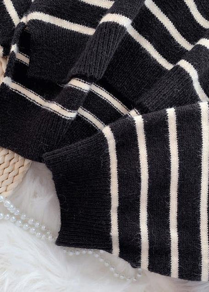 Oversized Black Striped Knitted Blouse Clothing O Neck Low High Design Knit Tops
