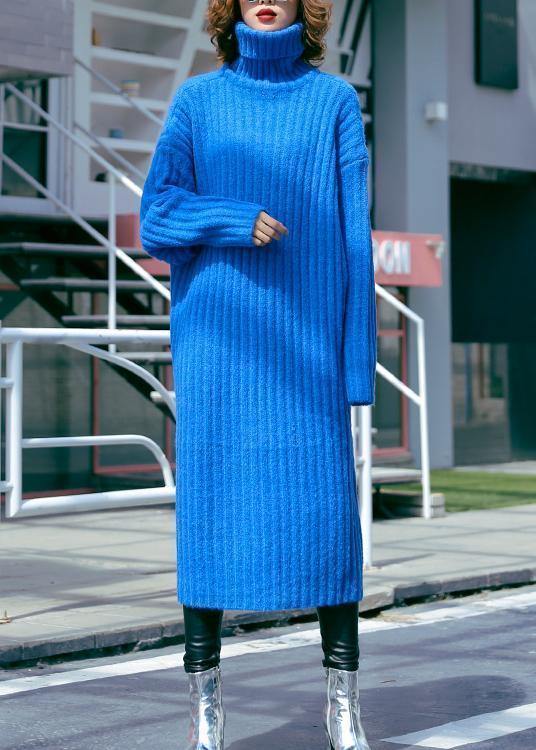 Oversized Blue Sweater Dresses Largo High Neck Tunic Fall Knit Dresses