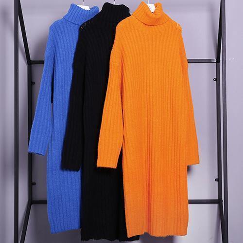 Oversized Blue Sweater Dresses Largo High Neck Tunic Fall Knit Dresses