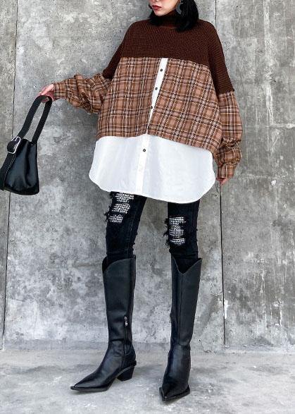 Oversized Chocolate Sweater Blouse Lapel Patchwork Spring Knit Tops