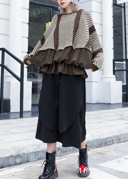 Oversized Chocolate Striped Box Top Clothing O Neck Ruffles Patchwork Knit Sweat Tops