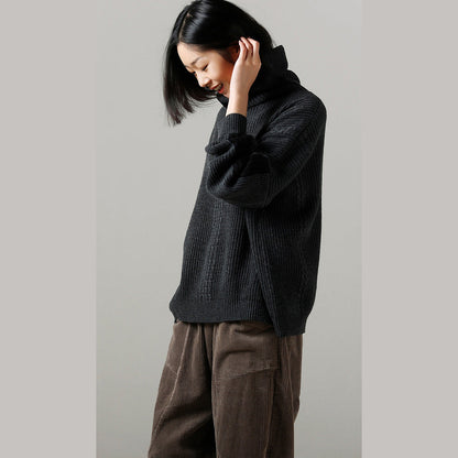 Oversized Dark Gray Sweater Largo Big Batwing Sleeve High Neck Knitted Tops
