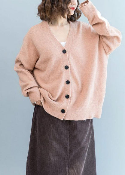 Oversized Fall Pink Knit Sweat Tops Clothing V Neck Knit Blouse