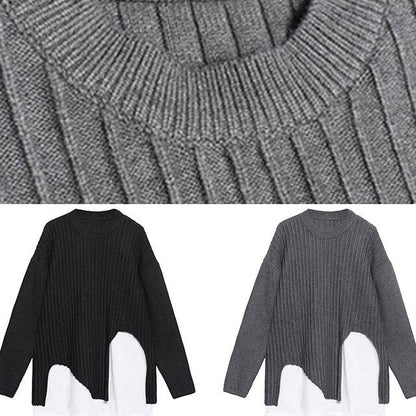 Oversized Gray Knit Sweat Tops Fall O Neck False Two Pieces Crane Tops